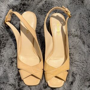 Prada Nude Leather Slingback Heels with Gold Buckle